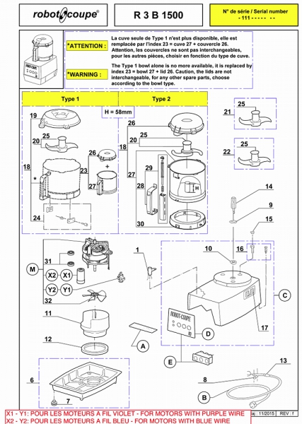 Pièces détachées Cutter de table Robot Coupe R 3 B 1500 - ROBOT COUPE