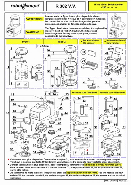 Pièces détachées Combiné Robot Coupe R 302 V.V - ROBOT COUPE