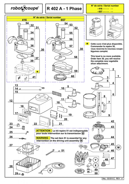 Pièces détachées Combiné Robot Coupe R 402 A 1 Phase - ROBOT COUPE