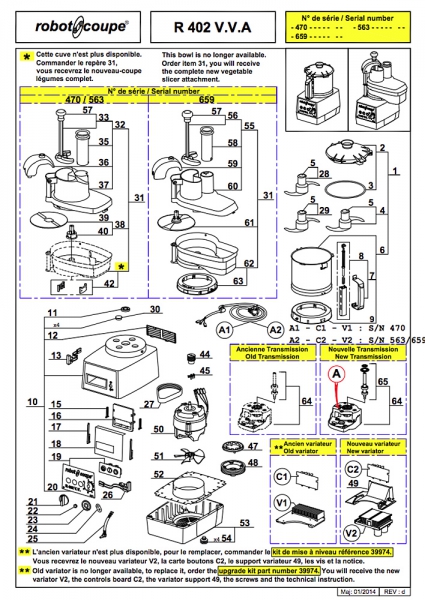 Pièces détachées Combiné Robot Coupe R 402 V.V A - ROBOT COUPE